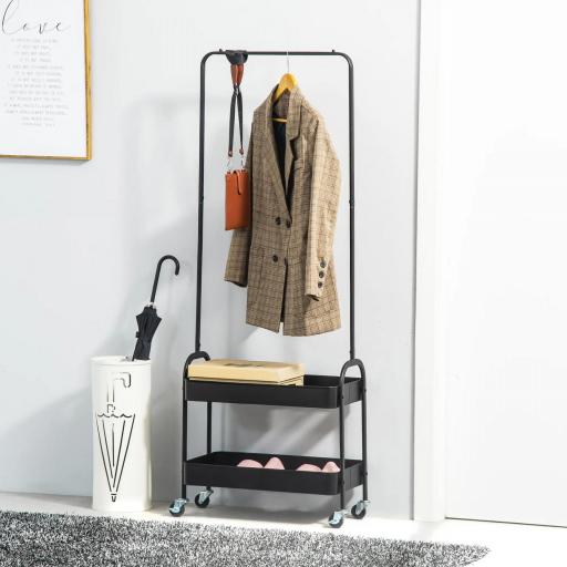 Perchero con Zapatero Perchero con Ruedas con Barra para Colgar y 2 Cestas para Entrada Dormitorio Salón 56,5x31,5x152,5 cm Negro
