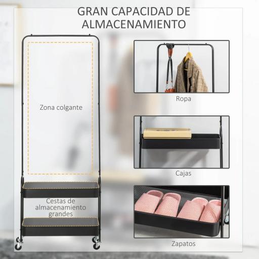 Perchero con Zapatero Perchero con Ruedas con Barra para Colgar y 2 Cestas para Entrada Dormitorio Salón 56,5x31,5x152,5 cm Negro [4]