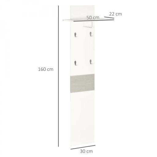 Perchero de Pared con 4 Ganchos y Estante con Barra de Aluminio para Entrada Pasillo 50x23,5x160 cm Blanco [1]