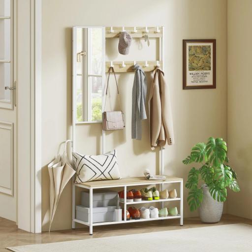 Perchero Zapatero con Espejo 3 Estantes Banco 10 Ganchos Ajustables Estilo Moderno para Pasillo 98x34x186 cm Natural