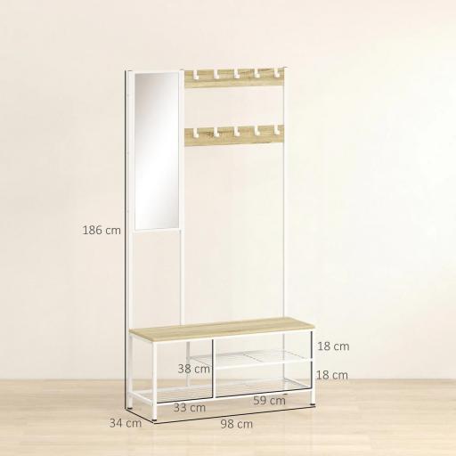 Perchero Zapatero con Espejo 3 Estantes Banco 10 Ganchos Ajustables Estilo Moderno para Pasillo 98x34x186 cm Natural [1]