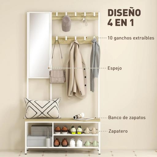 Perchero Zapatero con Espejo 3 Estantes Banco 10 Ganchos Ajustables Estilo Moderno para Pasillo 98x34x186 cm Natural [2]