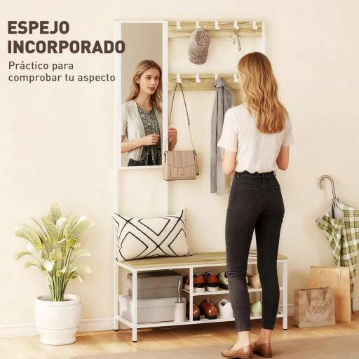 Perchero Zapatero con Espejo 3 Estantes Banco 10 Ganchos Ajustables Estilo Moderno para Pasillo 98x34x186 cm Natural [4]