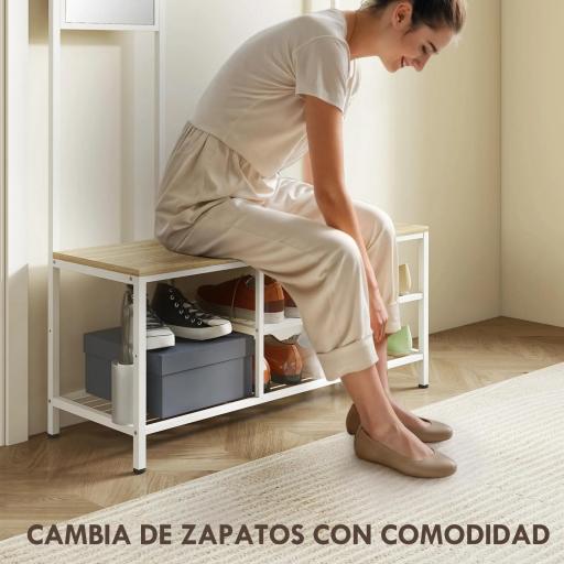 Perchero Zapatero con Espejo 3 Estantes Banco 10 Ganchos Ajustables Estilo Moderno para Pasillo 98x34x186 cm Natural [5]