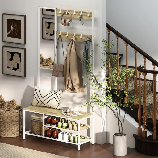 Perchero Zapatero con Espejo 3 Estantes Banco 10 Ganchos Ajustables Estilo Moderno para Pasillo 98x34x186 cm Natural [6]