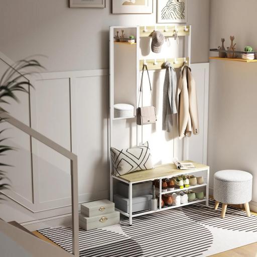 Perchero Zapatero con Espejo 3 Estantes Banco 10 Ganchos Ajustables Estilo Moderno para Pasillo 98x34x186 cm Natural [7]