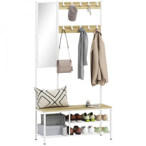 Perchero Zapatero con Espejo 3 Estantes Banco 10 Ganchos Ajustables Estilo Moderno para Pasillo 98x34x186 cm Natural [8]