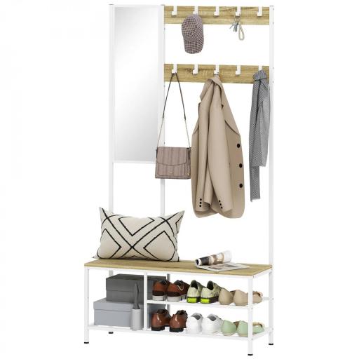 Perchero Zapatero con Espejo 3 Estantes Banco 10 Ganchos Ajustables Estilo Moderno para Pasillo 98x34x186 cm Natural [9]