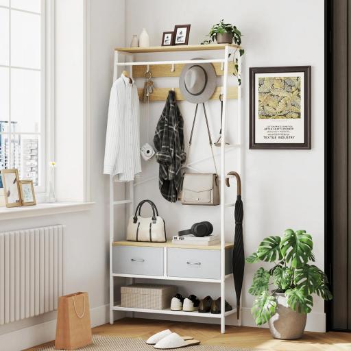 Perchero Zapatero con Zapatero Ganchos Cajones Barra y Eatante para Entrada Pasillo Salón 80x30x180,5 cm Natural