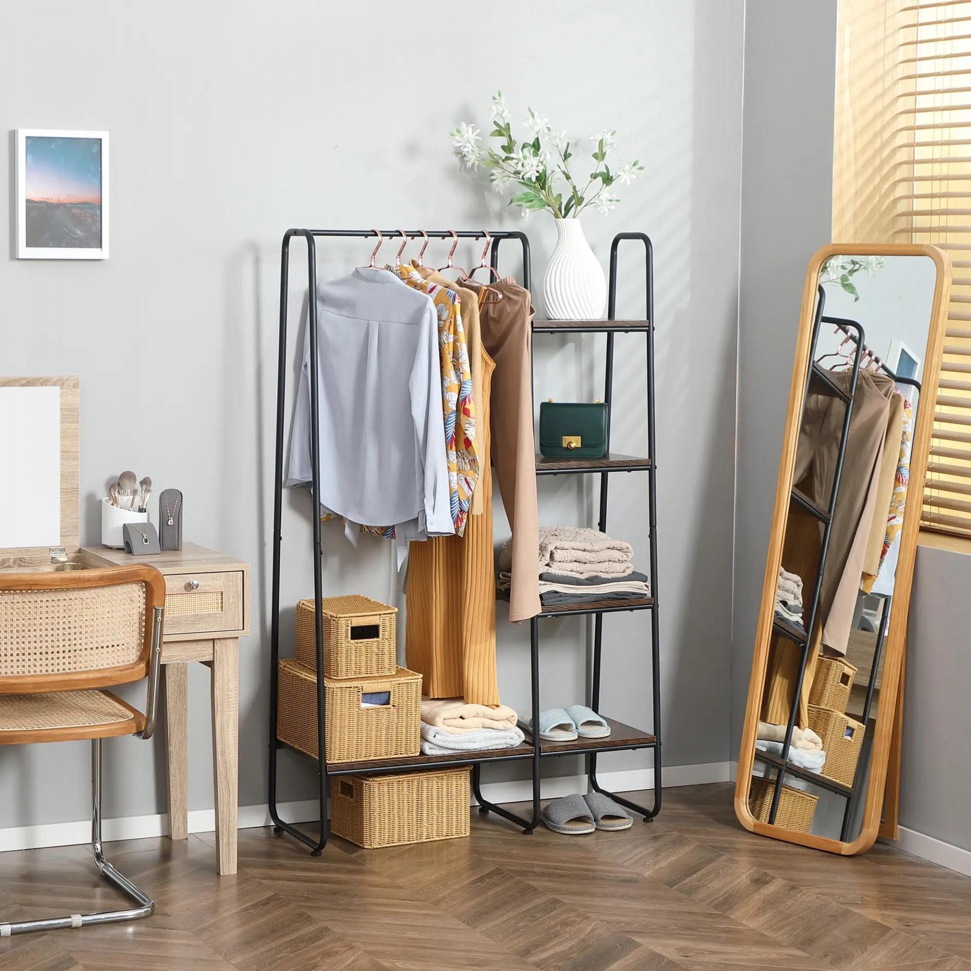 Perchero de Ropa de Madera con 4 Estantes y Barra para Colgar para Dormitorio Salón 101x39x160 cm Marrón Rústico