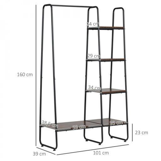 Perchero de Ropa de Madera con 4 Estantes y Barra para Colgar para Dormitorio Salón 101x39x160 cm Marrón Rústico [1]