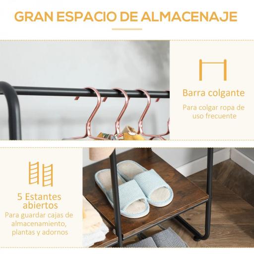Perchero de Ropa de Madera con 4 Estantes y Barra para Colgar para Dormitorio Salón 101x39x160 cm Marrón Rústico [2]