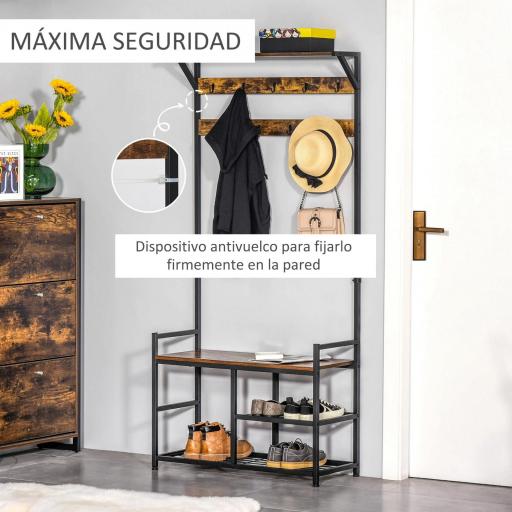 Perchero con Zapatero Perchero de Entrada Recibidor con 3 Estantes 9 Ganchos Patas Ajustables Estilo Industrial para Pasillo Dormitorio 84x34,5x180 cm Color Negro Marrón [4]