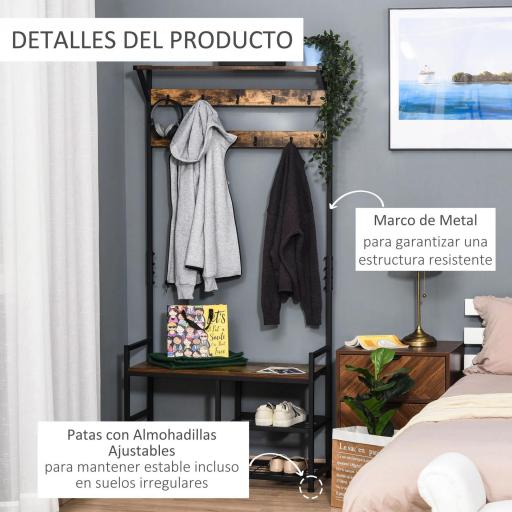 Perchero con Zapatero Perchero de Entrada Recibidor con 3 Estantes 9 Ganchos Patas Ajustables Estilo Industrial para Pasillo Dormitorio 84x34,5x180 cm Color Negro Marrón [5]