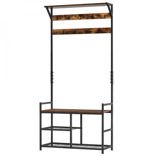 Perchero con Zapatero Perchero de Entrada Recibidor con 3 Estantes 9 Ganchos Patas Ajustables Estilo Industrial para Pasillo Dormitorio 84x34,5x180 cm Color Negro Marrón [9]