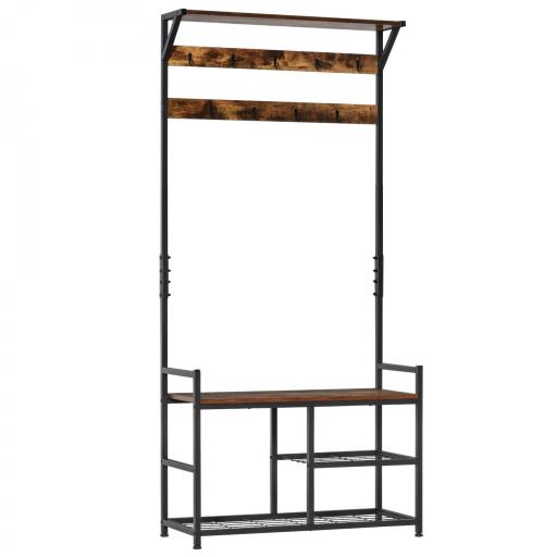 Perchero con Zapatero Perchero de Entrada Recibidor con 3 Estantes 9 Ganchos Patas Ajustables Estilo Industrial para Pasillo Dormitorio 84x34,5x180 cm Color Negro Marrón [8]