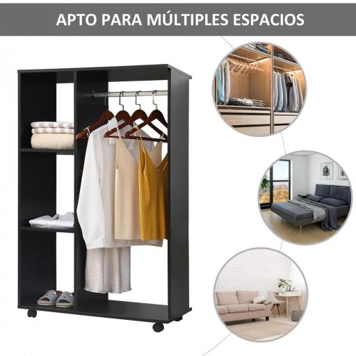 Armario Ropero con Ruedas Barra y Estantes para tener Ropa Colgada y Doblada 80x40x128 cm Negro [4]