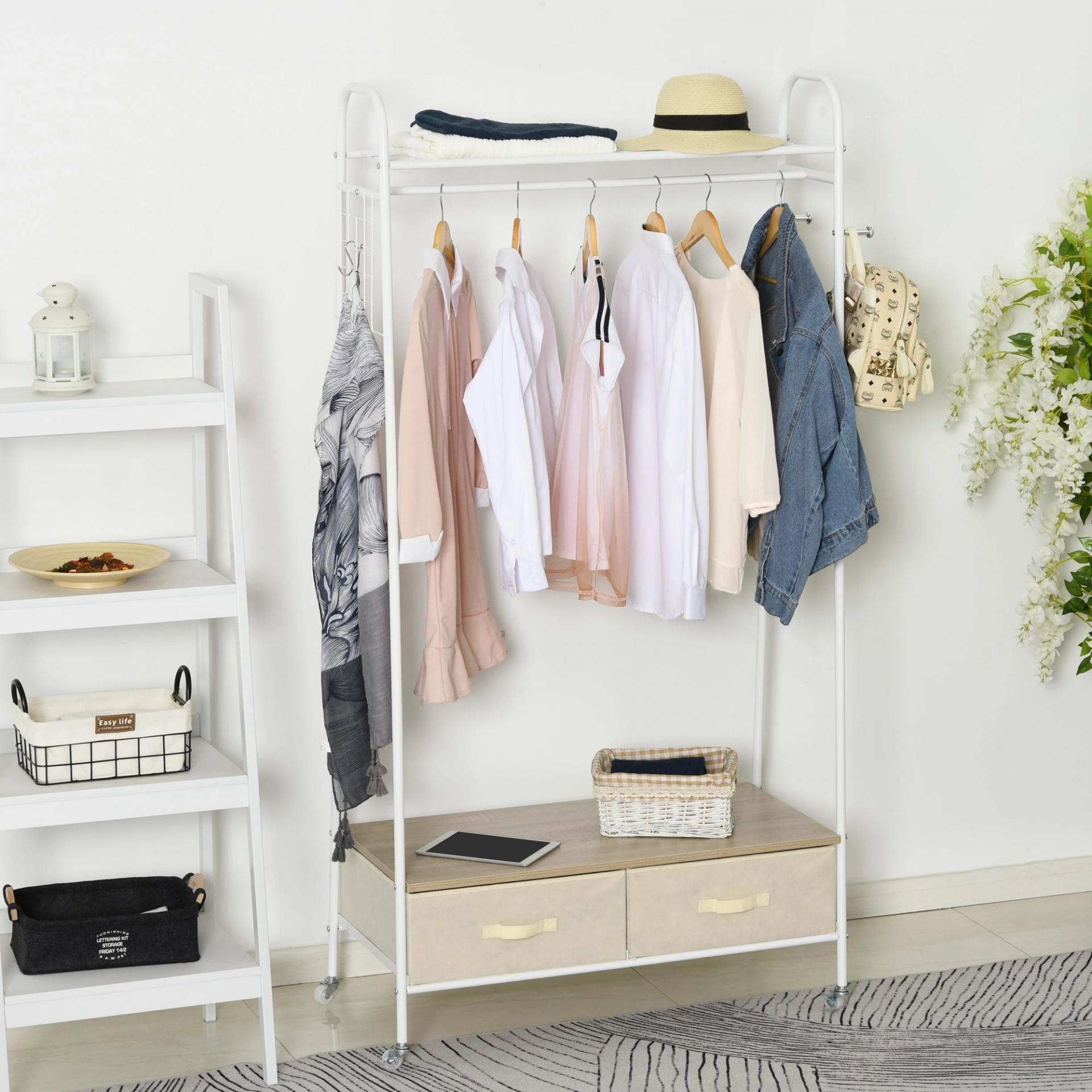 Perchero Metálico con Ruedas Colgador para Ropa con Riel Estantes Cajones para Organizar Ropa Bolsos 99x47x185cm