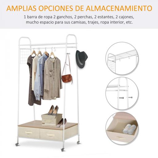 Perchero Metálico con Ruedas Colgador para Ropa con Riel Estantes Cajones para Organizar Ropa Bolsos 99x47x185cm [5]