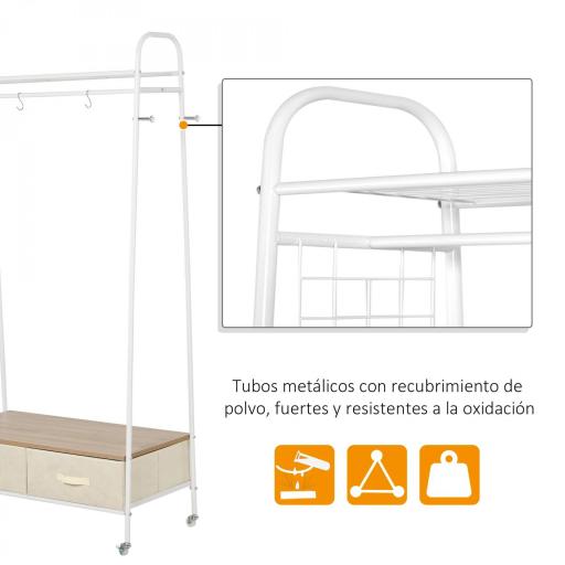 Perchero Metálico con Ruedas Colgador para Ropa con Riel Estantes Cajones para Organizar Ropa Bolsos 99x47x185cm [2]