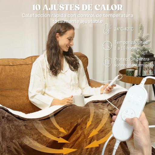 Manta Eléctrica 180x130 cm 10 Niveles de Temperatura Temporizador Lavar a Máquina, Pantalla LED Marrón [4]