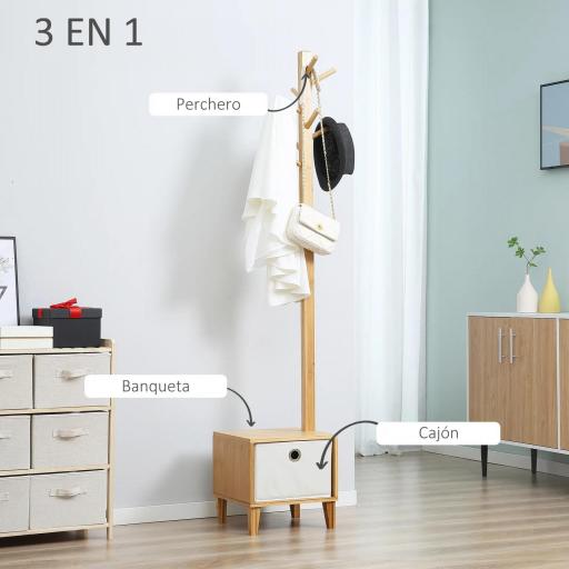 Perchero de Pie de Bambú Perchero con Banco Tipo de Árbol Cajón de Tela y 8 Ganchos para Colgar Ropa 35x35x177cm Natural [2]