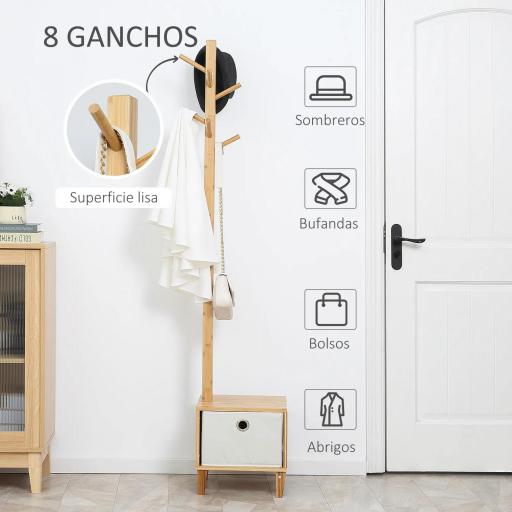 Perchero de Pie de Bambú Perchero con Banco Tipo de Árbol Cajón de Tela y 8 Ganchos para Colgar Ropa 35x35x177cm Natural [3]