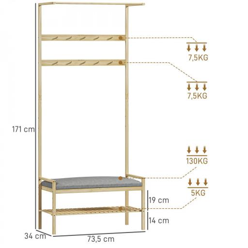 Perchero Zapatero con Banco Ganchos Zapatero y Compartimento de Almacenaje para Entrada 73,5x34x171 cm Gris y Natural [1]