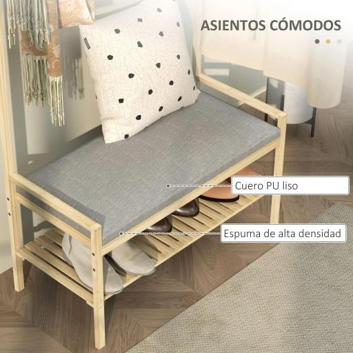 Perchero Zapatero con Banco Ganchos Zapatero y Compartimento de Almacenaje para Entrada 73,5x34x171 cm Gris y Natural [2]