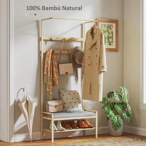 Perchero Zapatero con Banco Ganchos Zapatero y Compartimento de Almacenaje para Entrada 73,5x34x171 cm Gris y Natural [5]