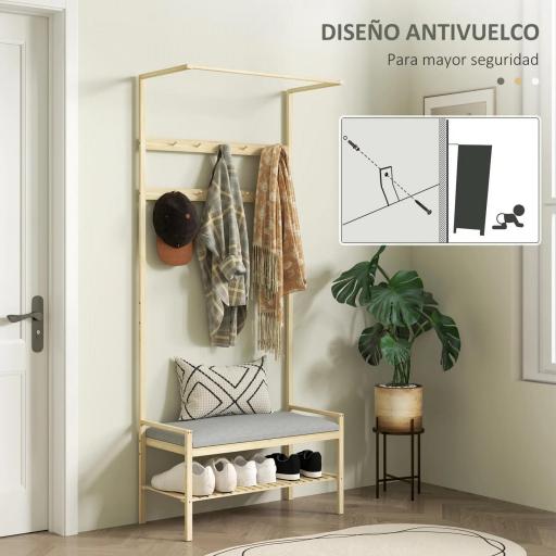 Perchero Zapatero con Banco Ganchos Zapatero y Compartimento de Almacenaje para Entrada 73,5x34x171 cm Gris y Natural [3]