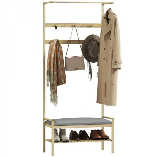 Perchero Zapatero con Banco Ganchos Zapatero y Compartimento de Almacenaje para Entrada 73,5x34x171 cm Gris y Natural [8]
