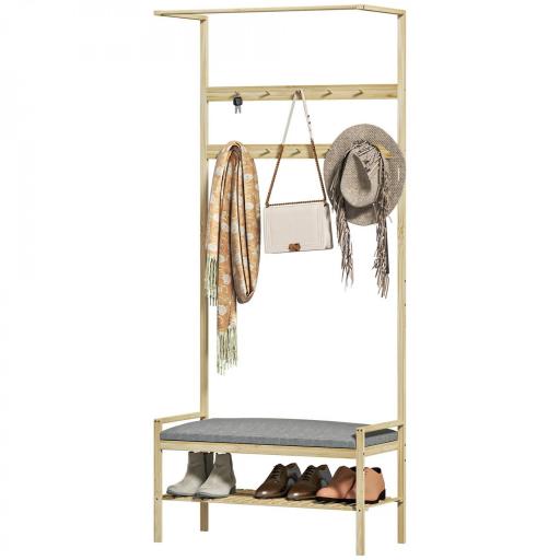 Perchero Zapatero con Banco Ganchos Zapatero y Compartimento de Almacenaje para Entrada 73,5x34x171 cm Gris y Natural [9]