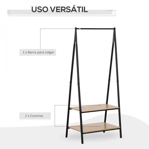 Perchero de Ropa Perchero de Pie con 2 Estantes de Almacenamiento Barra para Colgar y Marco de Acero 64x42,5x149cm Negro [3]