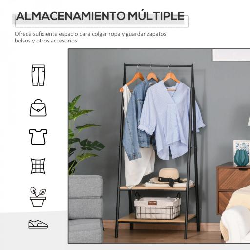 Perchero de Ropa Perchero de Pie con 2 Estantes de Almacenamiento Barra para Colgar y Marco de Acero 64x42,5x149cm Negro [4]