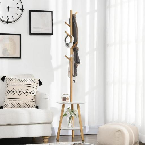  2 en 1 Perchero de Pie de Bambú con 2 Estantes 5 Ganchos para Ropa Bolsos para Entrada 39,5x39,5x171 cm Natural