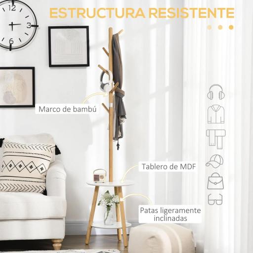  2 en 1 Perchero de Pie de Bambú con 2 Estantes 5 Ganchos para Ropa Bolsos para Entrada 39,5x39,5x171 cm Natural [4]
