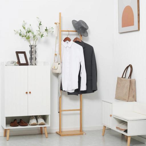Perchero de Pie de Bambú Estilo Moderno con Ganchos y Barras para Entrada Pasillo Dormitorio 36x24x168 cm Natural