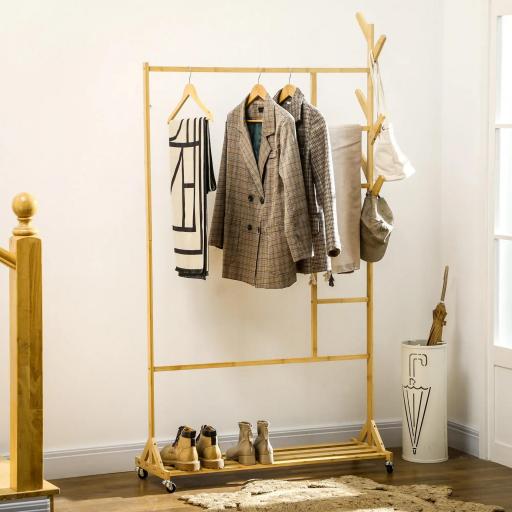 Perchero de Pie de Madera de Bambú con Ruedas Colgador Multifuncional con 6 Ganchos Barra y Estante 100x37x191 cm Natural