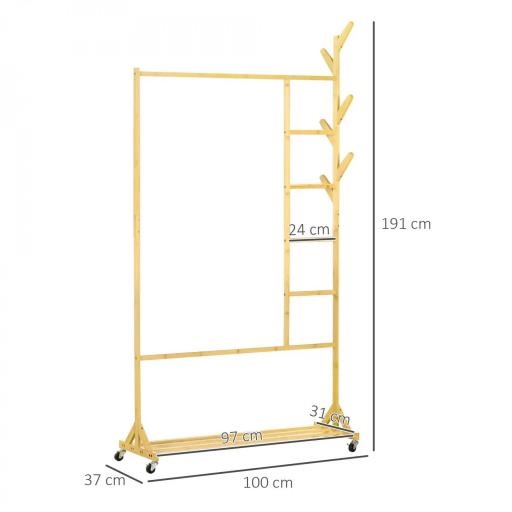 Perchero de Pie de Madera de Bambú con Ruedas Colgador Multifuncional con 6 Ganchos Barra y Estante 100x37x191 cm Natural [1]