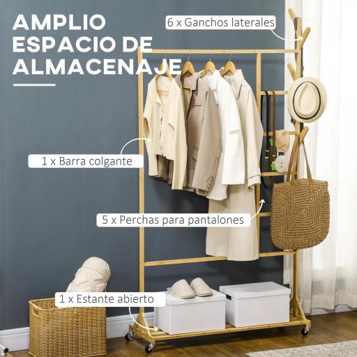 Perchero de Pie de Madera de Bambú con Ruedas Colgador Multifuncional con 6 Ganchos Barra y Estante 100x37x191 cm Natural [5]