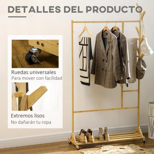 Perchero de Pie de Madera de Bambú con Ruedas Colgador Multifuncional con 6 Ganchos Barra y Estante 100x37x191 cm Natural [6]