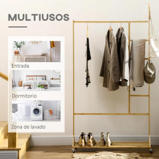 Perchero de Pie de Madera de Bambú con Ruedas Colgador Multifuncional con 6 Ganchos Barra y Estante 100x37x191 cm Natural [3]