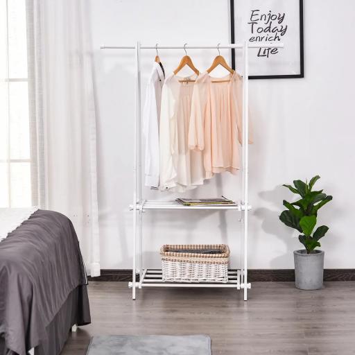 Perchero de Pie Plegable con 2 Estantes y Barra para Colgar Ropa Perchero para Dormitorio Entrada 107,5x45x150 cm Blanco