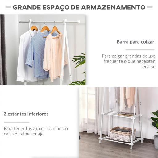 Perchero de Pie Plegable con 2 Estantes y Barra para Colgar Ropa Perchero para Dormitorio Entrada 107,5x45x150 cm Blanco [3]