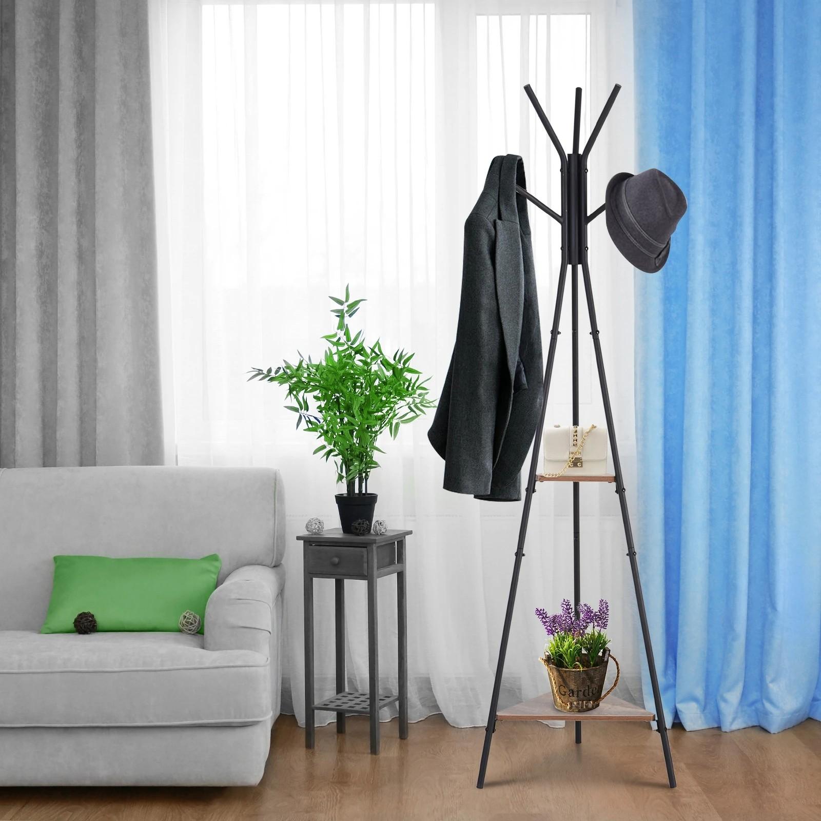 Perchero de Pie Metálico Perchero en Forma de Árbol Dormitorio Oficina para Colgar Ropa Bolsas Sombrero 6 Ganchos con 2 Estantes 32.5x45.5x182cm