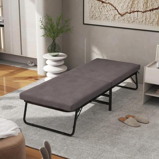 Cama Plegatín Plegable 70x180 cm con Colchón de Espuma Respaldo Ajustable en 5 Posiciones y Ruedas Carga 120 kg Marrón