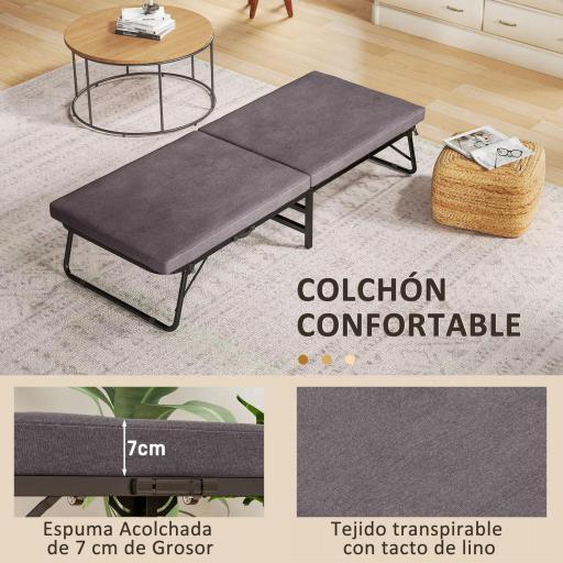 Cama Plegatín Plegable 70x180 cm con Colchón de Espuma Respaldo Ajustable en 5 Posiciones y Ruedas Carga 120 kg Marrón [7]