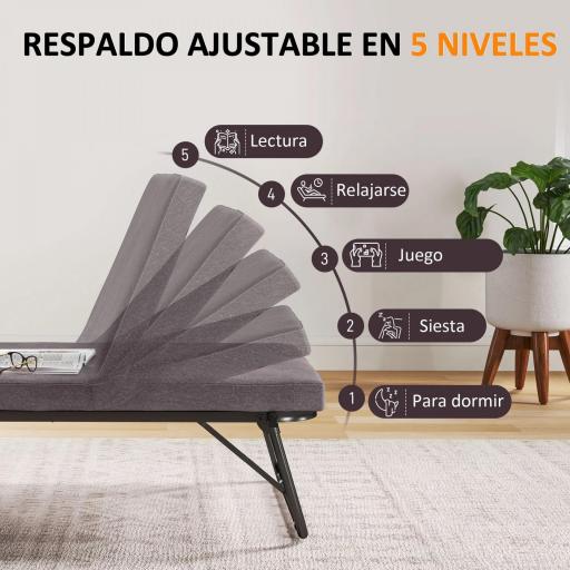 Cama Plegatín Plegable 70x180 cm con Colchón de Espuma Respaldo Ajustable en 5 Posiciones y Ruedas Carga 120 kg Marrón [6]