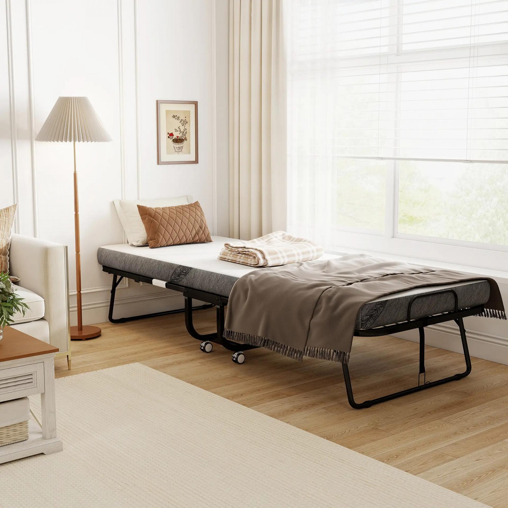 Cama Plegable 200x80 cm con 4 Ruedas, Cama de Camping Portátil, con Colchón Individual de 10 cm, Marco de Acero, Carga 150 kg, para Dormitorio, Salón, Oficina, Blanco